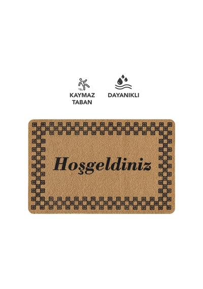 Coco Entry Ps026a Damalı Çerçeve Hoşgeldiniz Desen Kalın Kaymaz Taban Nem Alıcı Şık Kapı Önü Paspas Hardal