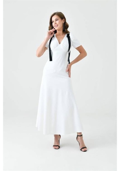 Dip Moda Kadın V Yaka Abiye Elbise Dpnbs9358 Beyaz