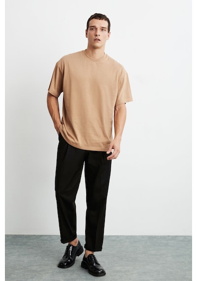 Grımelange Jett Erkek Oversize Fit %100 Organik Pamuk Kalın Dokulu Bisiklet Yakalı Kahverengi T-shirt Kahverengi