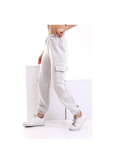 Winmoda34 Kadın Jogger Kalın 3 Iplik Yandan Cepli Kargo Eşofman Altı Gri
