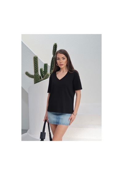 Paw Garage Kadın Massi İnterlok Kumaş V Yaka Oversize T-shirt SIYAH