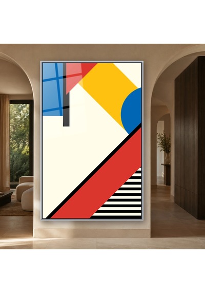 Kırmızı Mavi Sarı Bauhaus Blokları Gümüş Çerçeveli Cam Tablo