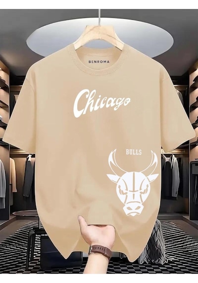 Chıcago Bulss Baskılı Oversize Tişört Bej