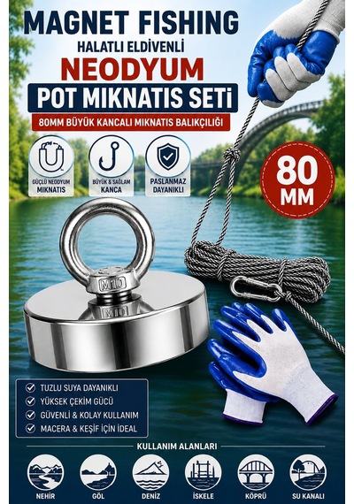 80mm Magnet Fishing Halatlı Eldivenli Neodyum Pot Mıknatıs Seti, Büyük Kancalı Mıknatıs Balıkçılığı