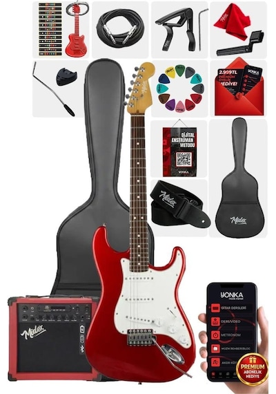 Midex Rph-30wrd-25amp Kırmızı Renk Strat Kasa Sss 25w Amfili Elektro Gitar Seti 1 Adet