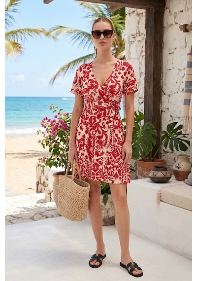 Lela Desenli Kruvaze Yaka Regular Fit Bayan Elbise 5865723 Bordo