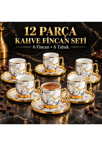 Valkyrie 12 Parça 6 Kişilik 80 Ml Türk Kahvesi Fincan Takımı Gold Mermer Desenli