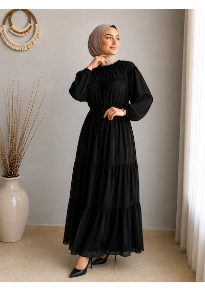 Efulim Womens İpli - Astarlı Salaş Şifon Tesettür Elbise Siyah