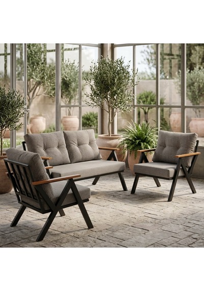 Venedik 2+1+1 Metal Balkon Takımı Keten Dokulu Kumaş Siyah Metal - Bahçe Teras Oturma Grubu