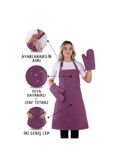Simple 3lü Set Ayar Askılı Cepli Mutfak Önlüğü Seti 2 Eldiven Şef Garson Kafe Aşçı Barista Mor