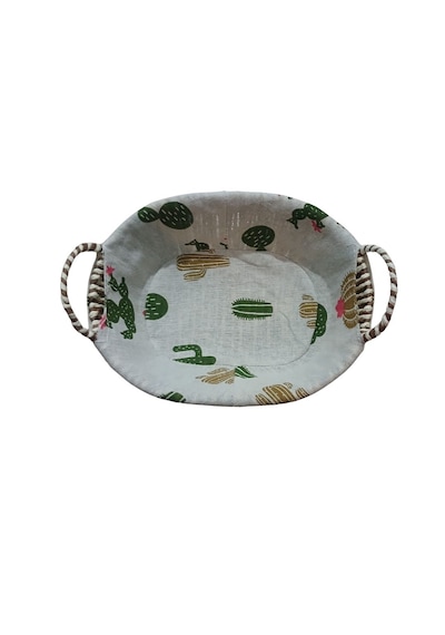 Kaktüs Desenli Kumaş Kaplamalı Hasır Kulplu Dekoratif Sepet 27x16 Cm Kahverengi - Yeşil - Bej