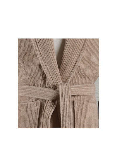 Bej Çizgili Bornoz %100 Sertifikalı Pamuk Şal Yaka Unisex Banyo Bornoz / Sabahlık 340 Gr/m2