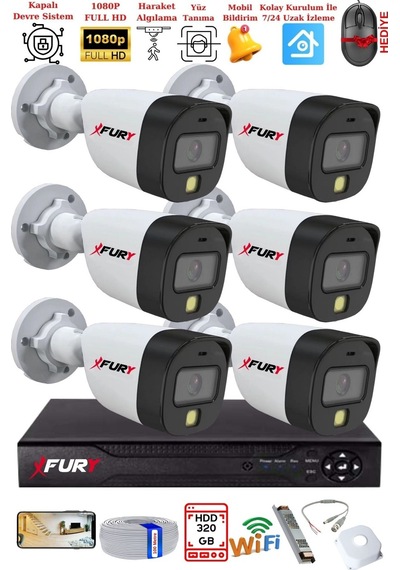Fury 6 Kameralı 5mp Lens 2 Mp Görüntü Gece Renkli Full Hd Ultra Led Akıllı Güvenlik Kamerası Seti 320gb