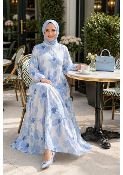 Hb Harma Time Butik Kadın Düğmeli Desenli Modal Mavi Elbise