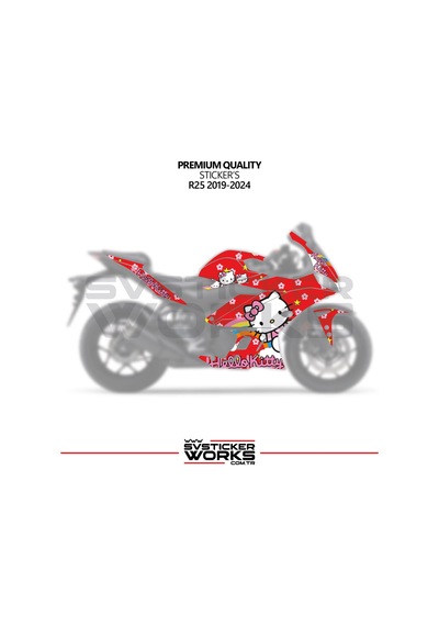 Yamaha R25 Hello Kitty Kaplama Sticker Motor Kaplama Modeli Hazır Kit 2019 / 2024 Uyumlu Kırmızı