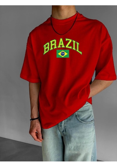 Brazıl Baskılı Oversize Tişört Kirmizi