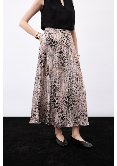 Sateen Leopar Desenli Uzun Etek - Kahve-136780 Kahve