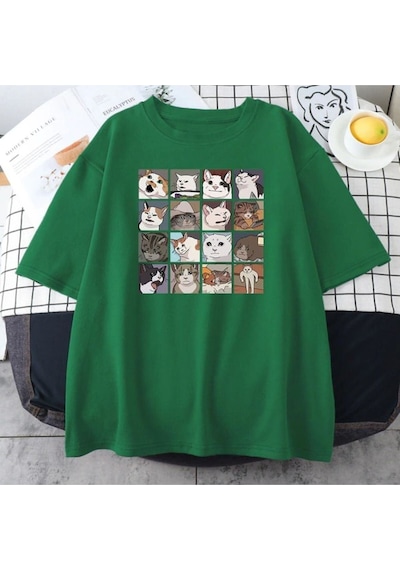 Flood Of Style Erkek Yeşil Cat Baskılı Oversize Bisiklet Yaka Tshirt