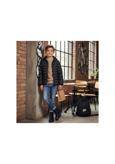 Minigimin Cicileri Miniğimin Cicileri Kapüşonlu 8-16 Yaş Unisex Çocuk Şişme İçi Yünlü Mont - Siyah