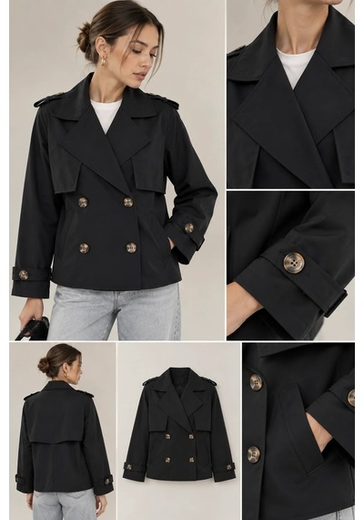 Bb Butik Basic Kısa Kruvaze Trençkot Düğme Detaylı Modern Kesim Qn3434 Siyah