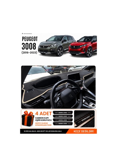 Peugeot 3008 2016-2023 Uyumlu Torpido Koruma, Torpido Örtüsü, Torpido Kılıfı - Siyah Bej