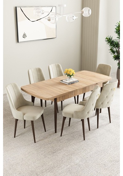 Clara Meşe Desen 80x132 Açılabilir Mdf Masa Yemek Odası Takımı,mutfak Takımı 6 Adet Sandalye Krem