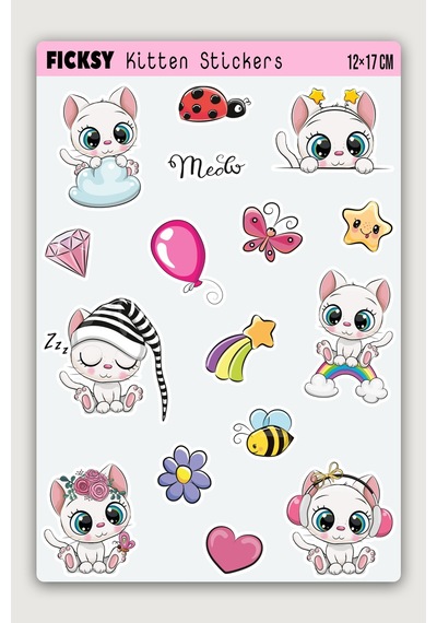 Sevimli Unicorn Beyaz Yavru Kedi Sticker Seti - 16 Adet Etiket Çıkartma Diğer