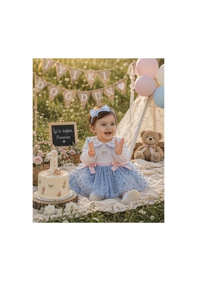 Ministok Bluebell Dream Yakası Nakış Detaylı Tütü Etekli Kız Bebek Elbise Mavi
