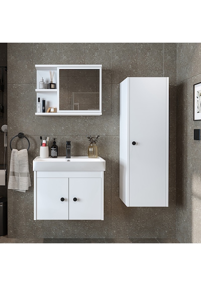 Ada Lavabolu Banyo Alt Dolabı + Banyo Üst Dolabı + Boy Dolap Byz Mat Beyaz