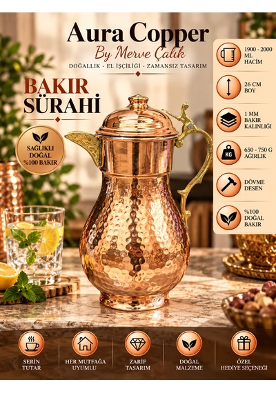 Aura Copper Kapaklı Dövme Bakır Sürahi 2 L 26 Cm 1 Mm