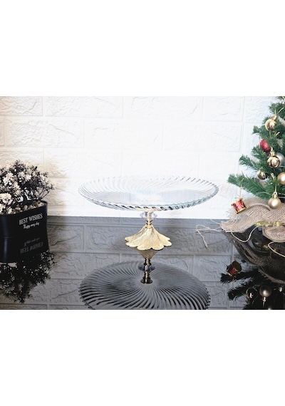 Büyük Boy 31 Cm Yuvarlak Sunumluk & Servi S Tabaği Döküm Semerkand Gold Ayak Beyaz
