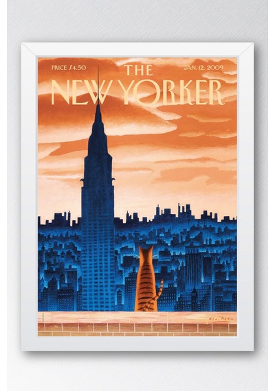 The New Yorker Çerçeveli Tablo January 12 2009 - Büyük Şehir Manzarası İzleyen Kedi Tablosu