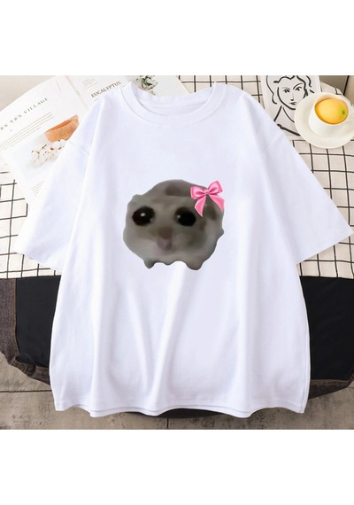 Startmore Beyaz Sad Hamster Tshirt Karikatür Grafik Baskılı Pembe Yaz Tshirt Streetweed Kı Beyaz