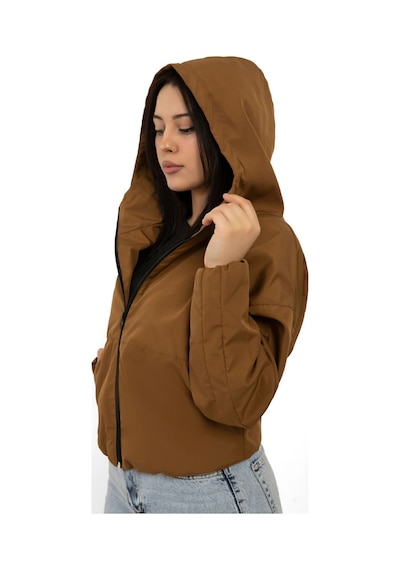 Kadın Taba Kapüşonlu Su Ve Rüzgar Geçirmez Cepli İçi Astarlı Oversize Yağmurluk Taba