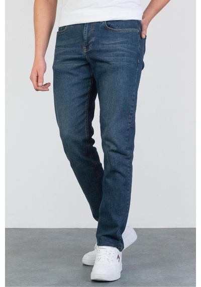 HLT Jeans Erkek Okyanus Mavisi Yıkamalı Regular Fit Boru Paça Likralı Jean Kot Pantolon Josef Mavi