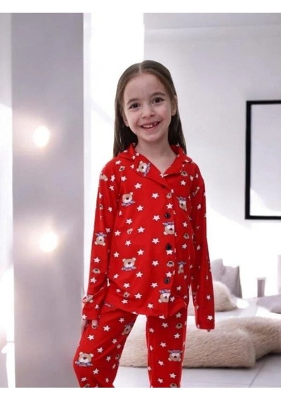 Çocuk Ayıcık Dessenli Pijama-14920 Kırmızı