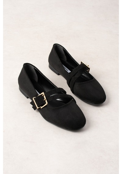 Wolk Shoes Derin Kadın Babet Çapraz Bantlı Tokalı Siyah - 874761149 Siyah
