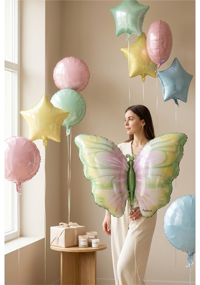 Sarı Yeşil Kelebek Folyo Balon 82x52 Cm Kelebek Temalı Doğum Günü Parti Süsü Çok Renkli