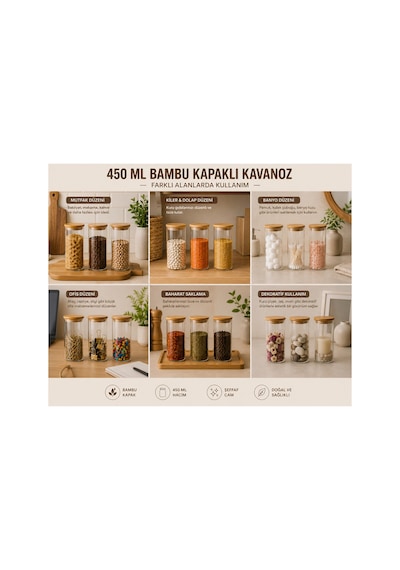 3lü Set Bambu Kapaklı Cam Saklama Kavanozu Hava Geçirmez Çok Amaçlı Mutfak Saklama Kabı 450ml Şeffat