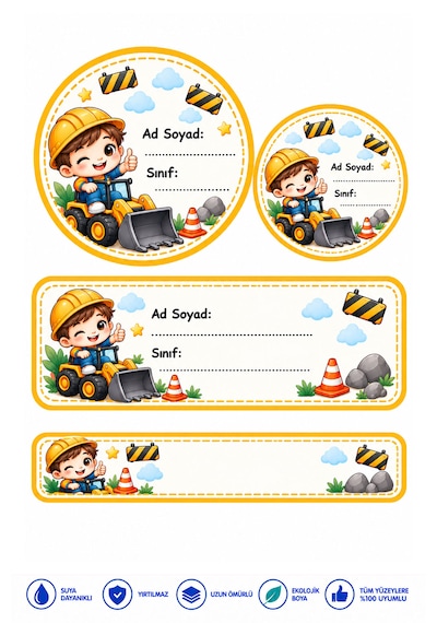 Renkli İnşaat Temalı Okul Etiketi Kalem Defter 235 Adet Özel İsim Yazılabilen Sticker Çok Renkli
