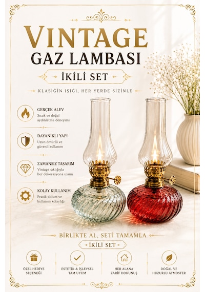 Vintage Gaz Lambası İkili Set Dekoratif Nostaljik Cam Gaz Lambası Kırmızı & Şeffaf