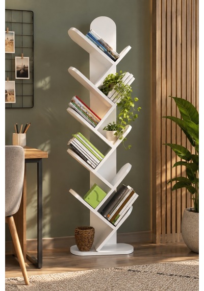 Sulorahome 10 Raflı Beyaz Ağaç Kitaplık Antrasit