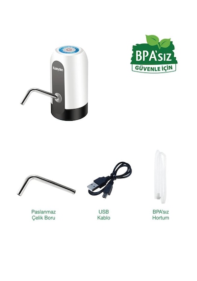 Bpa'sız Şarjlı Damacana Pompası Bpa'sız Boru 10l - 15l - 19l 1200 Mah Beyaz