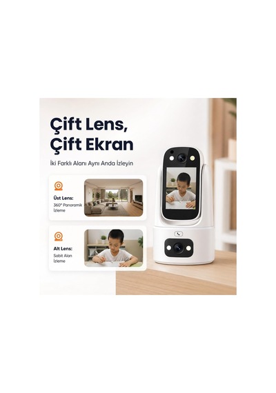 Çift Kameralı 355 Derece Ptz Wifi Güvenlik Kamerası İç Mekan