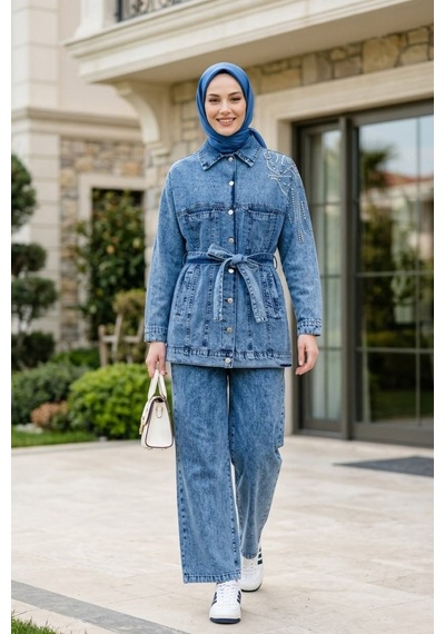 Hb Harma Time Butik Kadın Kuşaklı Taş İşlemeli Kot Mavi Tunik Pantolon İkili Takım Mavi Mavi
