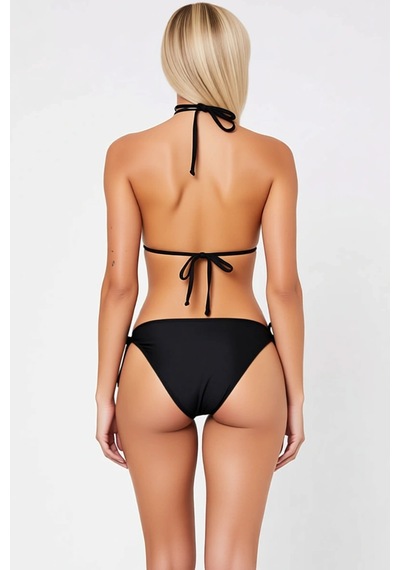 Benerly Kadın Bikini Takımı Üçgen Kaplı Aksesuarlı Normal Bel Slip Kesim Siyah