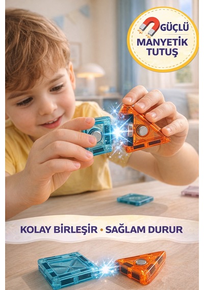 50 Parça Manyetik Blok Seti Eğitici Zeka Oyunu, 3d Yapı Oyuncak, 3+ Yaş