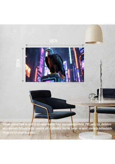 Kartal Siberpunk Dünyasında Görkemli Bir Şekilde 03 Çerçevesiz 50x30 Cm Pvc Tablo