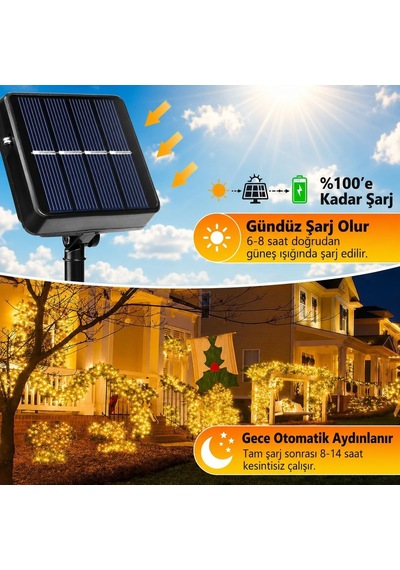 Güneş Enerjili Led Işık Zinciri 12 Metre 100 Led Gün Işığı, Solar Bahçe Işığı, Ip65 Su Geçirmez, 8 Aydın Diğer