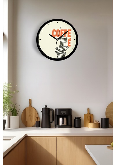 Modern Yazılı Tasarım - '' Coffee '' Mutfak Duvar Saati - 25cm - Önü Camlı Siyah Kasa-jh0649 Siyah